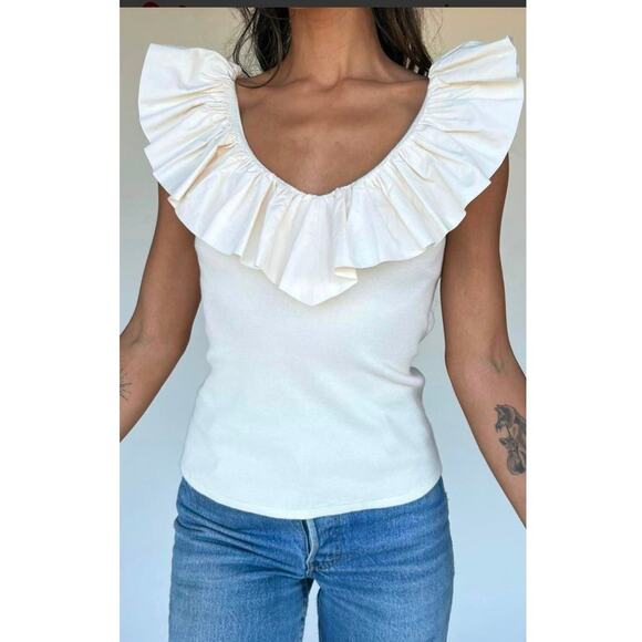Maeve anthropologie Cream Ribbed Tank Top W/ Ruffle Neckline Sz S - Picture 3 of 15